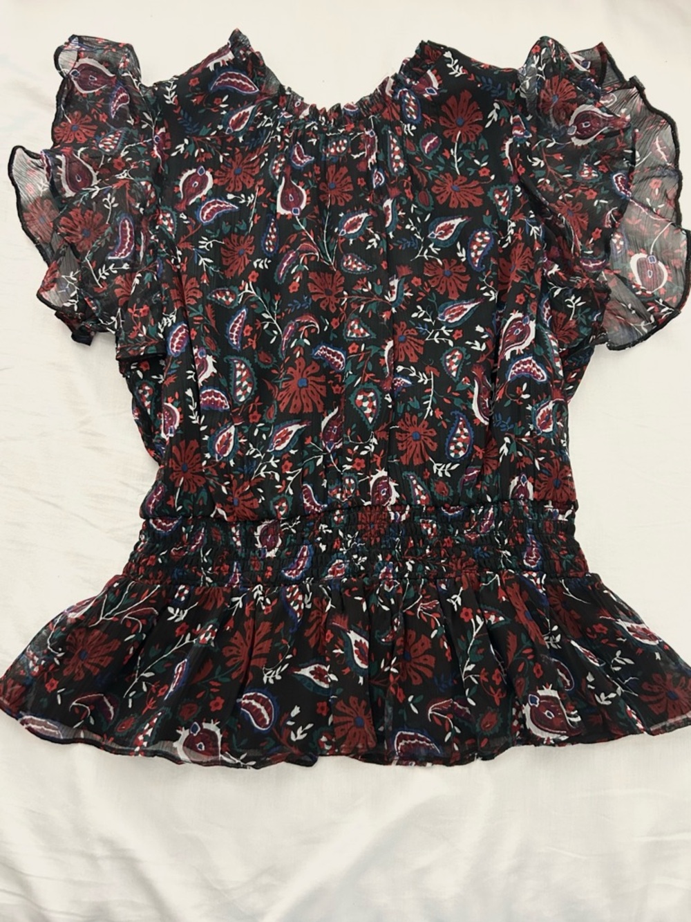 Draper James Floral Paisley Ruffle Sleeve Peplum Women’s Top in Black and Red